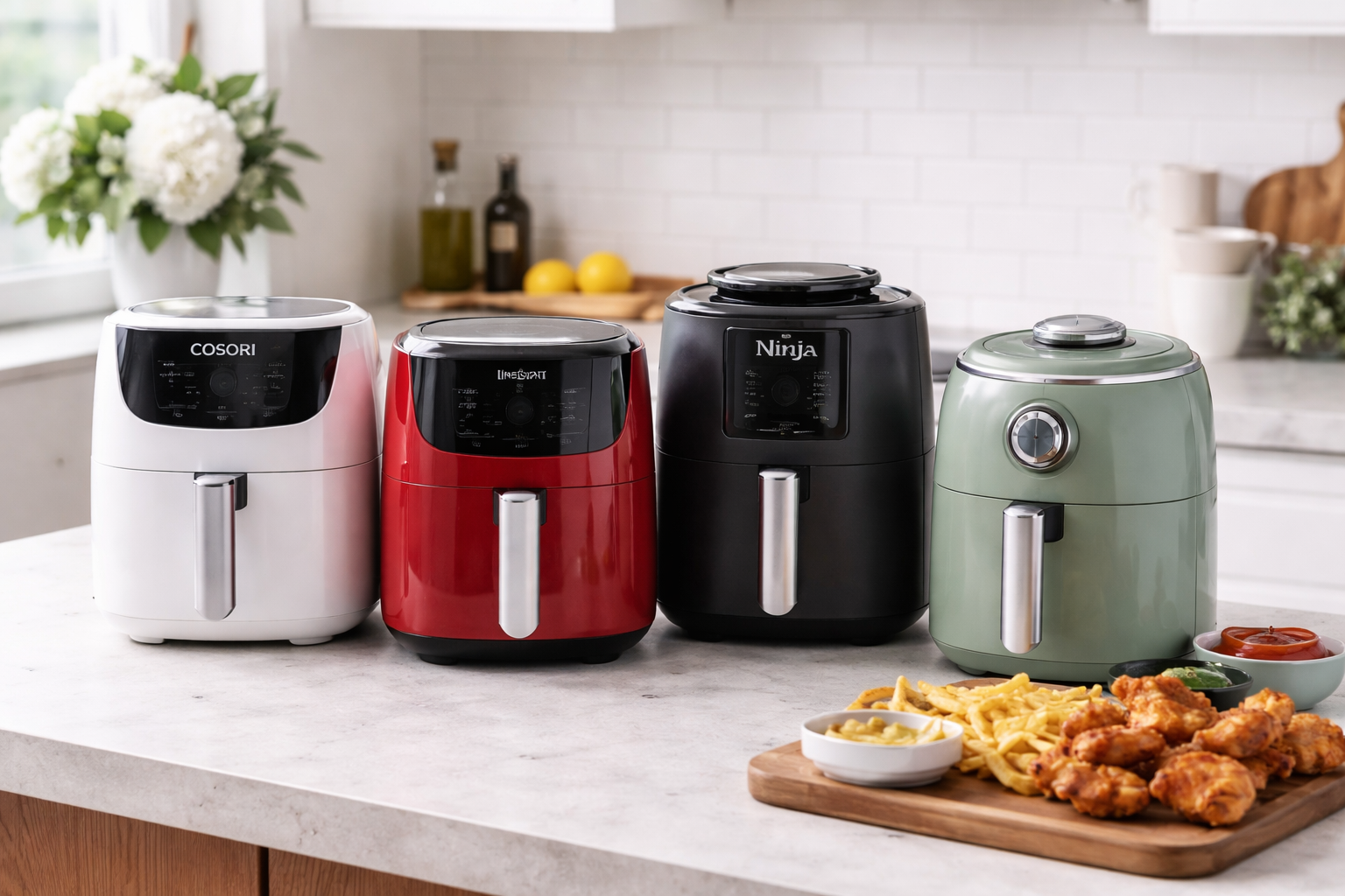 Air fryers on a kitchen countertop